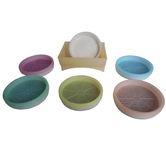 6 Vintage Tupperware Pastel Coasters set (567) with Caddy (566) Estate - Picture 1 of 7